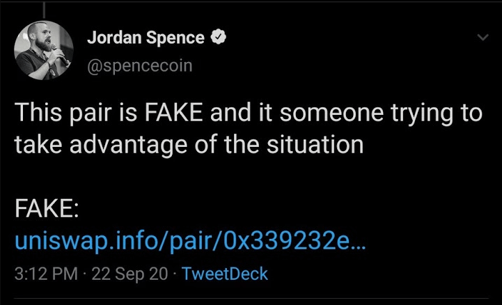 Screengrab of a tweet revealing the fake listing of FEW on Uniswap
